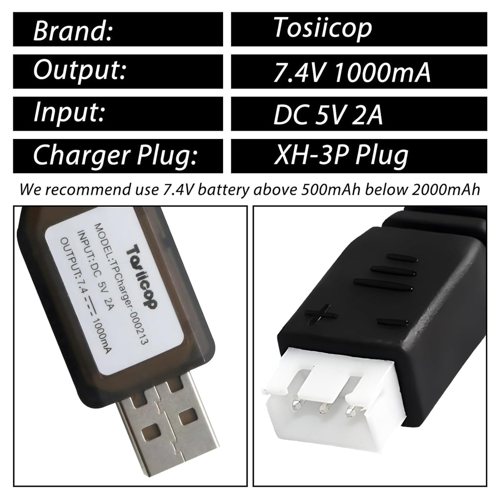 Skiennix Gel Blaster Battery Charger - 7.4V 3 Pin Replacement Cable for Splat Ball & RC Cars | 2-Pack
