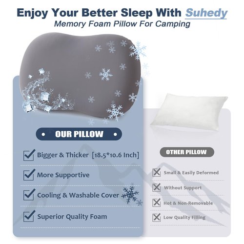 Suhedy Memory Foam Travel Pillow Camping Pillow Medium Firm Bed Pillows for Sleeping Cooling Small Pillow for Camp,Plane,Backpacking,Trip,Cool & Breathable Cover (1, Grey)