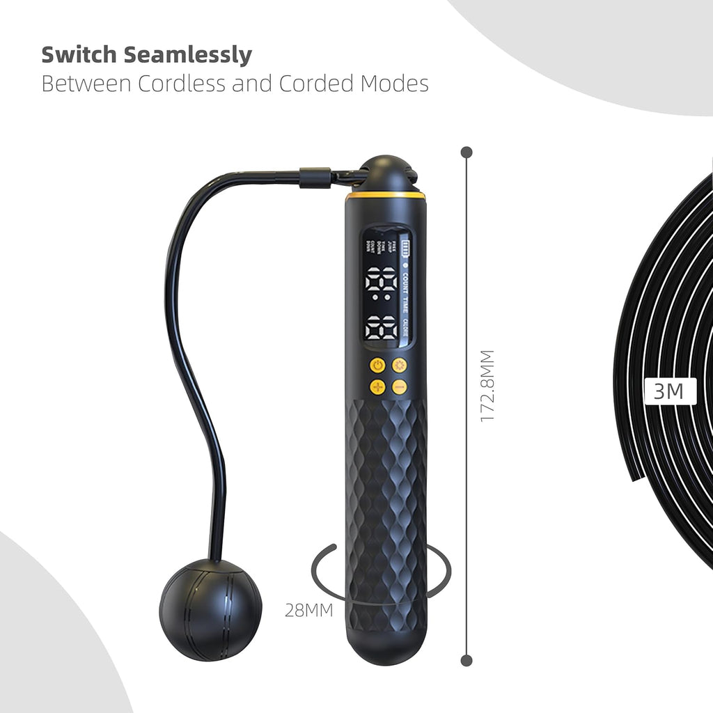 Smart Jump Rope - 2-in-1 Corded & Cordless Skipping Rope with HD Display, Adjustable Length & Weighted Handles