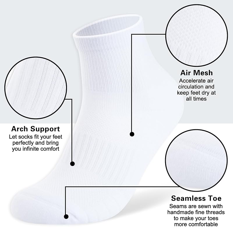 Monxiery 5 Pairs Mens Cotton Cushioned Ankle Socks, Moisture-Wicking Breathable Athletic Socks – White, Large-XL