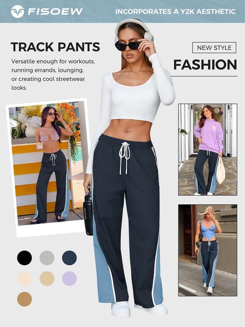 Fisoew Women's Baggy Wide Leg Track Pants Casual Drawstring Elastic Waisted Color Block Workout Y2K Active Pants Navy