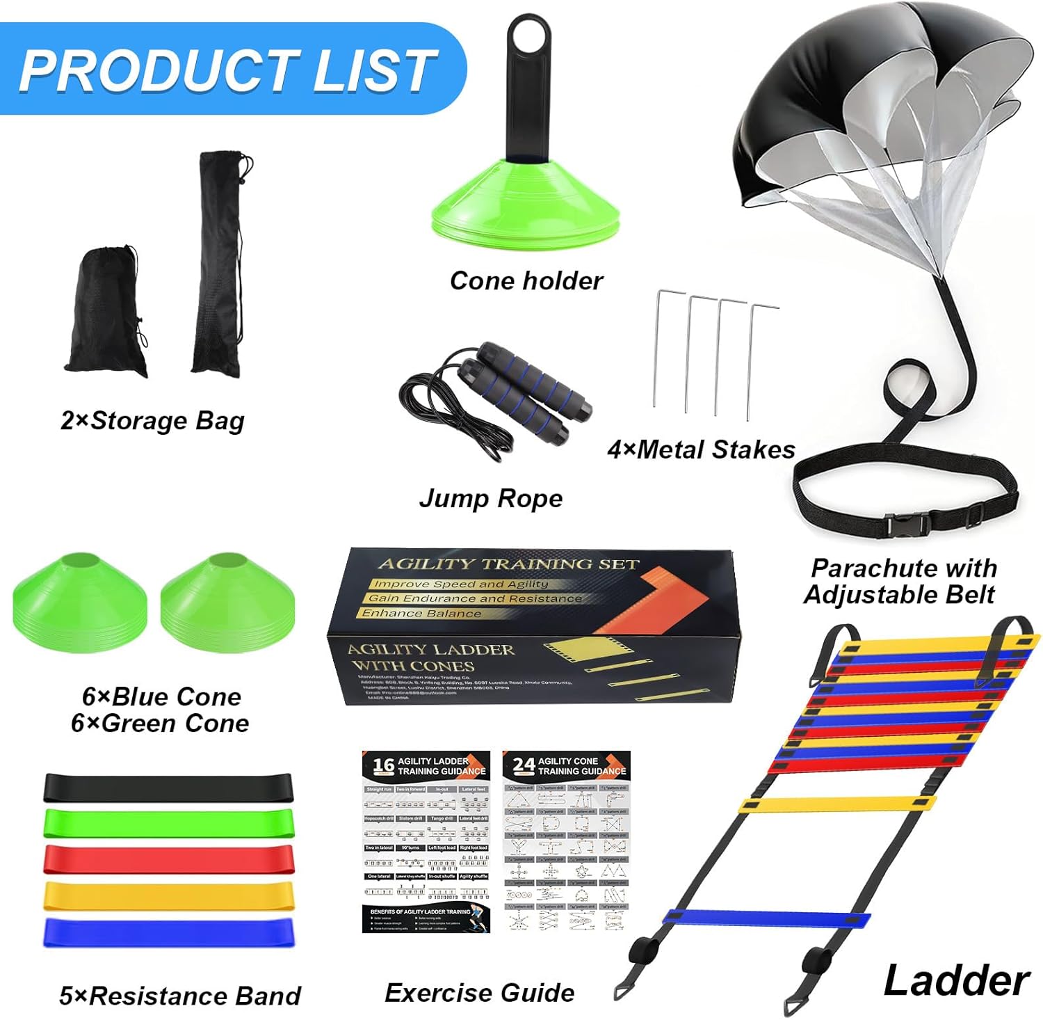 Speed Agility Training Equipment Set - 20ft Agility Ladder, 12 Cones, Resistance Parachute & More for Kids & Adults