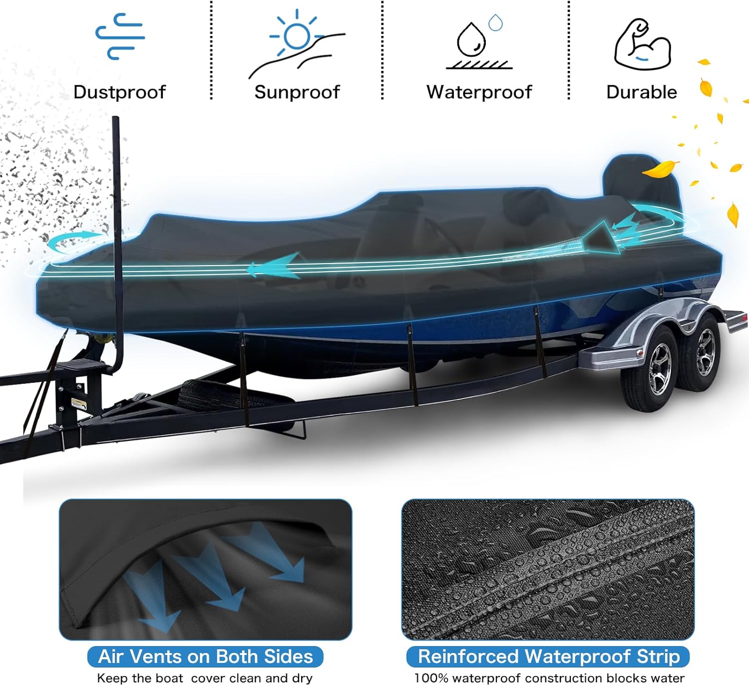 Solim Waterproof 1200D PU Boat Cover - Heavy Duty Marine Grade for 14-16ft V-Hull, Runabout, Fishing | Black