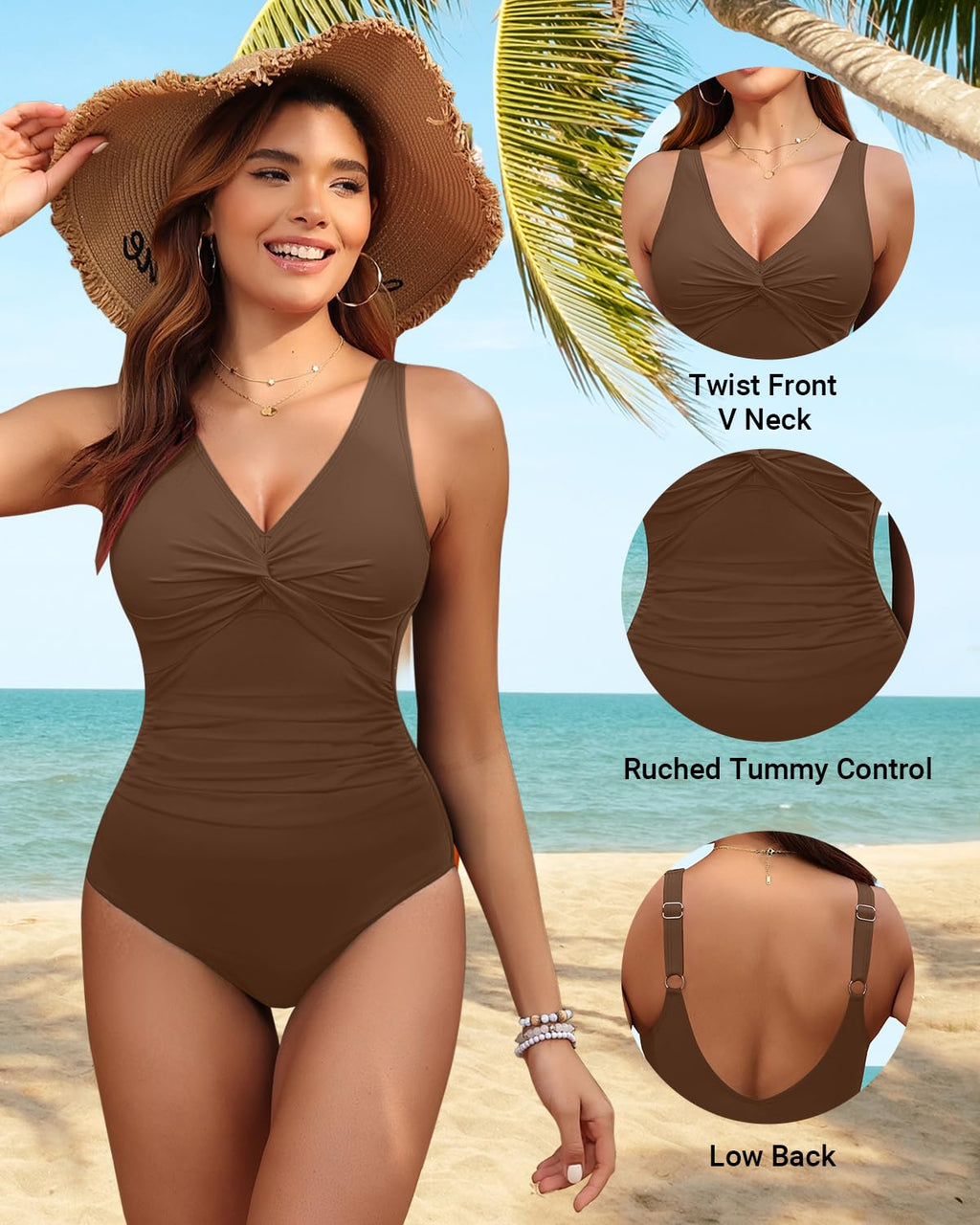 Holipick Brown Women Tummy Control One Piece Swimsuit - Push Up Bathing Suit Full Coverage Slimming Swimwear S