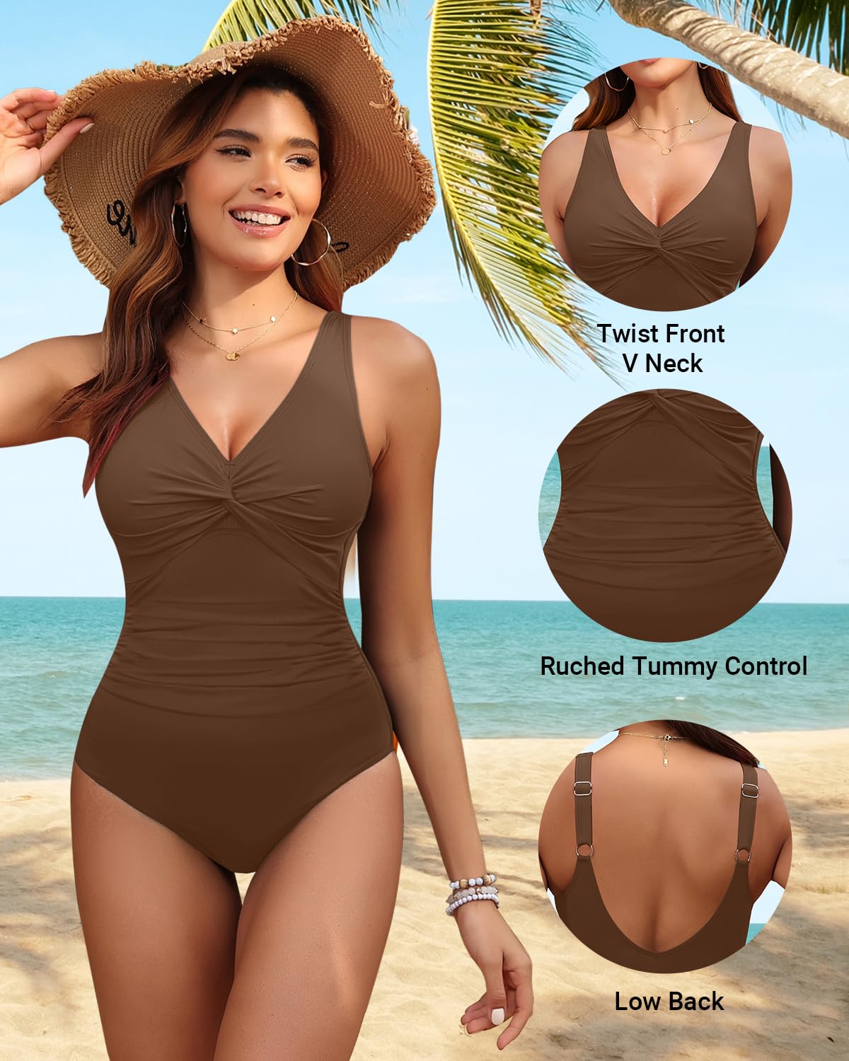 Holipick Brown Women Tummy Control One Piece Swimsuit - Push Up Bathing Suit Full Coverage Slimming Swimwear S