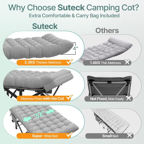 Suteck 32In XXL Folding Camping Cot, 900LBS Heavy Duty Sleeping Cot with Pillow Mattress, 1200D Double-Layer Oxford Portable Cot for Adults with Carry Bag for Home Office Nap Beach Travel