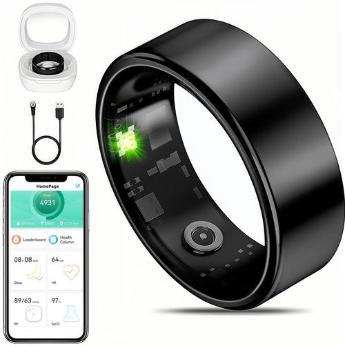 MZJ Smart Ring Fitness Tracker for iOS & Android – Sleep Monitor Heart Rate Blood Oxygen & Pressure 8 Sports Modes IP68 Waterproof NO Subscription Long Battery Life (Carbon Black, 7#)