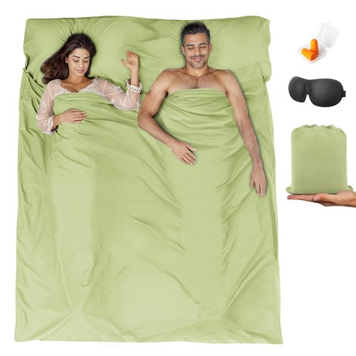 BREENHILL Double Sleeping Bag Liner，Camping Sheets & Travel Sheet, Hostels & Traveling Adult Sleep Sack for Backpacking, Hotels Lightweight Single & Double Camping Sleeping Bag Liners Green