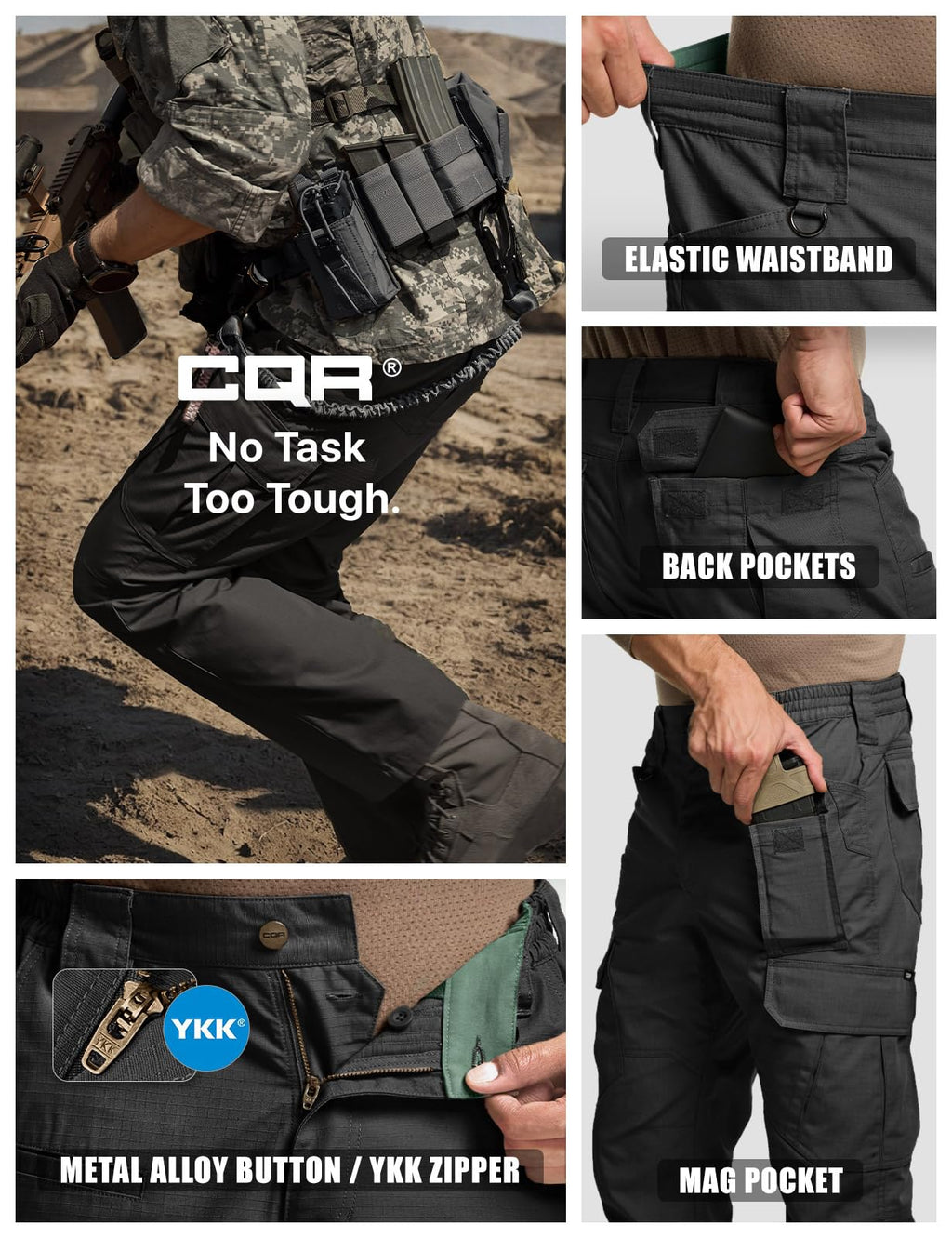 CQR Men's Tactical Pants, Water Resistant Ripstop Cargo Pants, Lightweight EDC Work Hiking Pants, Outdoor Apparel, Duratex Mag Pocket Black, 44W x 30L