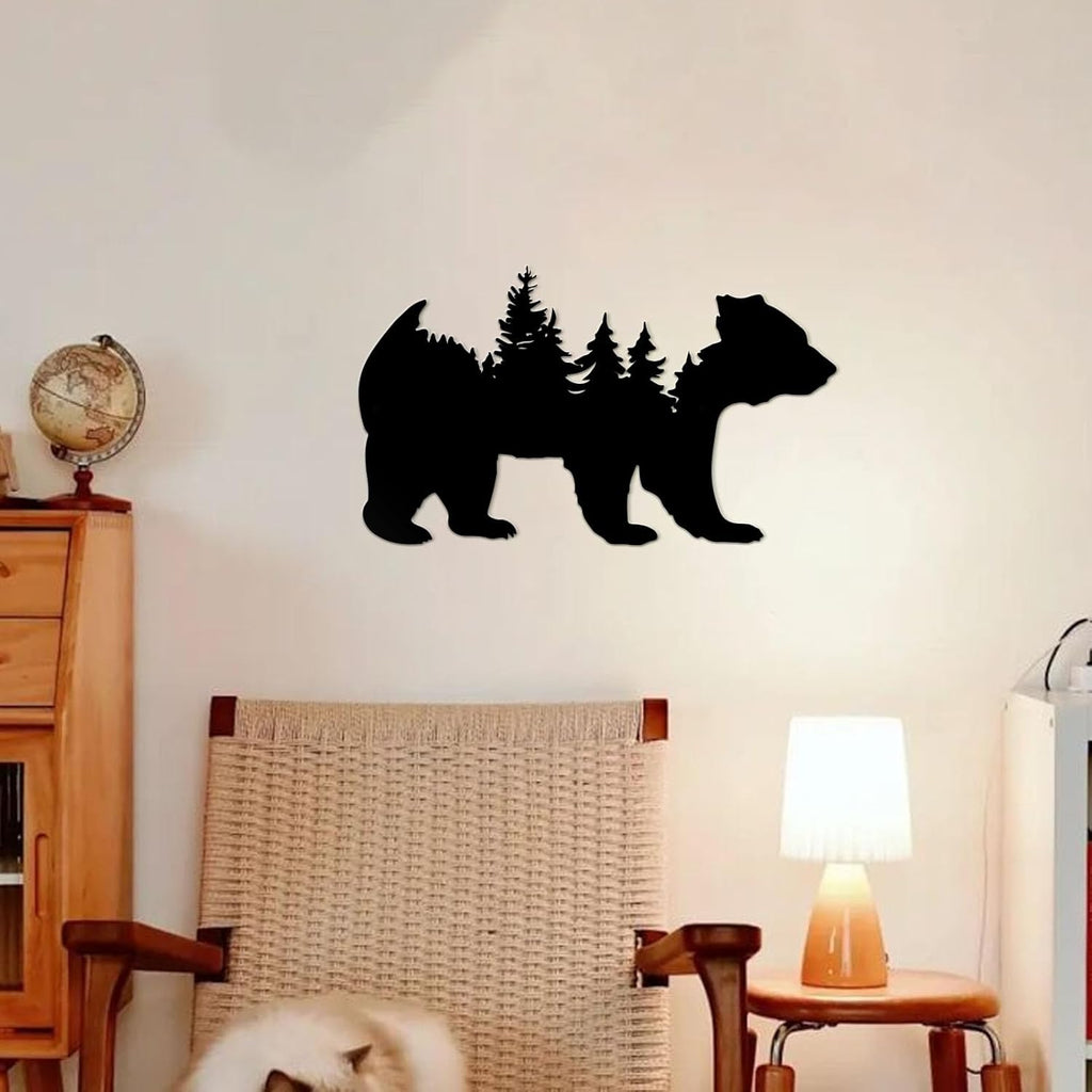 Resama Metal Wall Art - Rustic Pine Tree & Bear Decor for Living Room | Indoor/Outdoor Wilderness Design (Black)