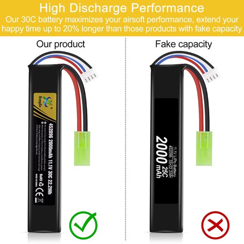 Crazepony 11.1V Airsoft Battery Rechargeable 3S LiPo 2000mAh 30C Hobby Battery with Mini Tamiya & JST XH Connector for Airsoft Model Rifle RC Car Drone