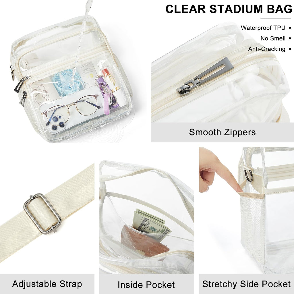 LATMAP Clear Bag for Stadium Events 12x6x12 Clear Purse with 3-Zipper Pockets Crossbody Handbag Tote for Concerts Sports