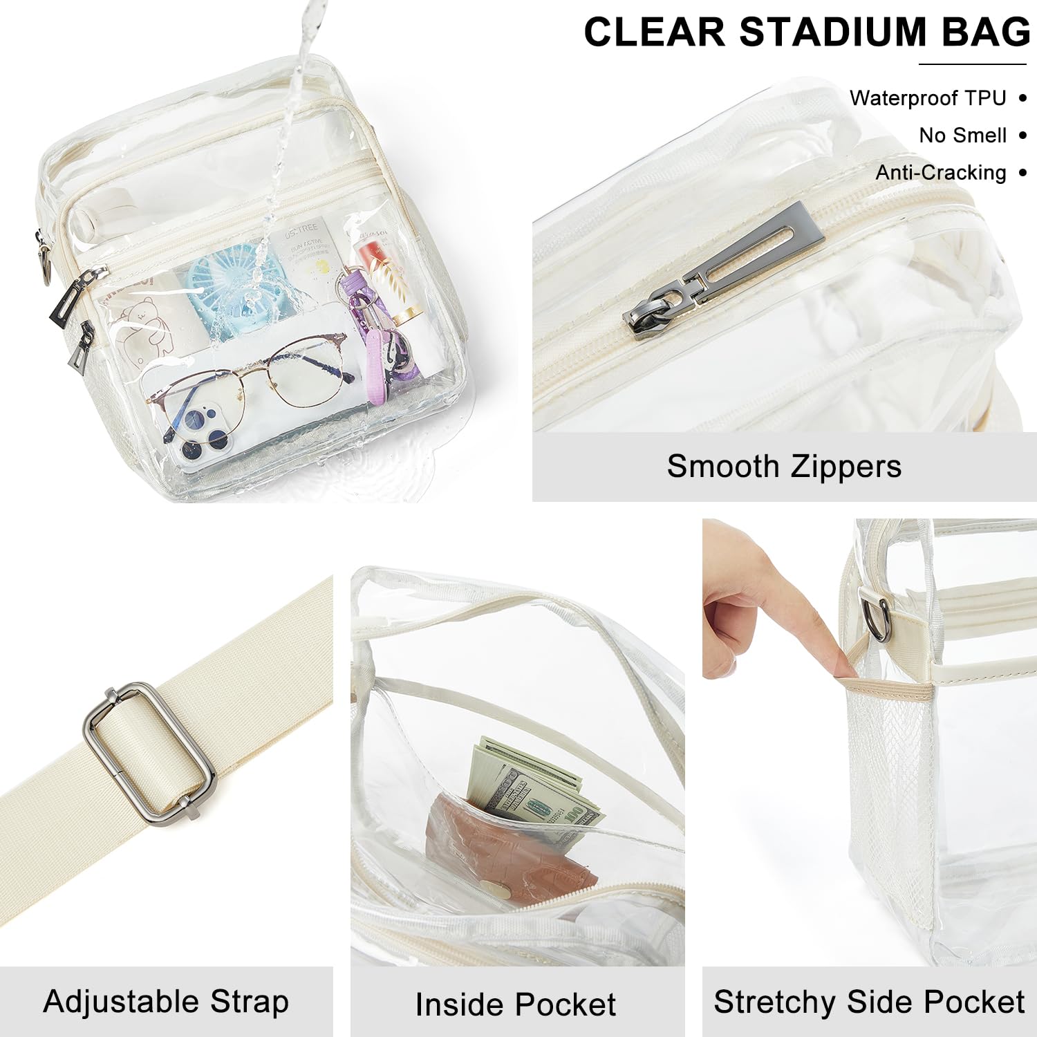 LATMAP Clear Bag for Stadium Events 12x6x12 Clear Purse with 3-Zipper Pockets Crossbody Handbag Tote for Concerts Sports
