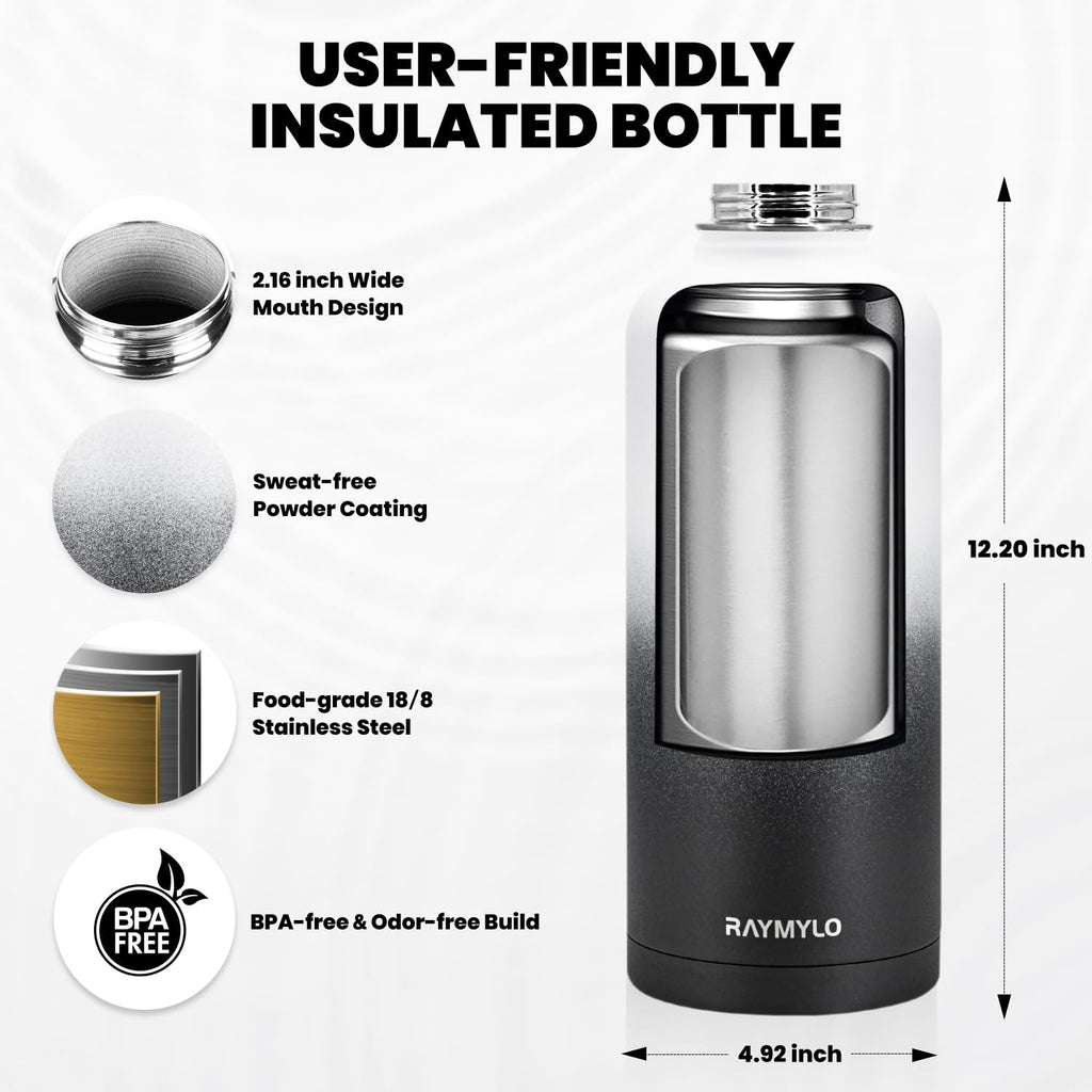 RAYMYLO Insulated Water Bottle 87 oz, Triple Wall Vacuum Stainless Steel (Cold for 48 Hrs), Leak Proof & Non-BPA, Modern Water Flask Jug with Paracord Handle & Straw Spout Lids, Ombre: White/Black