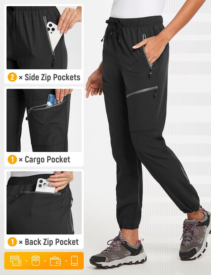 baleaf Cargo Pants for Women Petite Joggers Lightweight Quick Dry Pant Water Resistant 27'' Travel Workout Athletic Black Size XXL