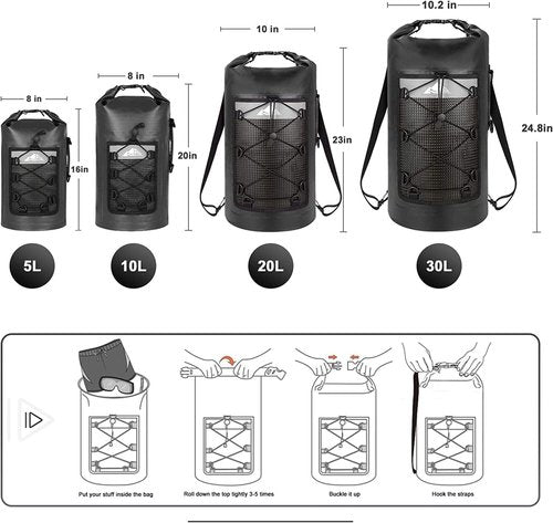 HEETA Waterproof Dry Bag - Lightweight Roll Top Storage Backpack with Phone Case | 30L Black