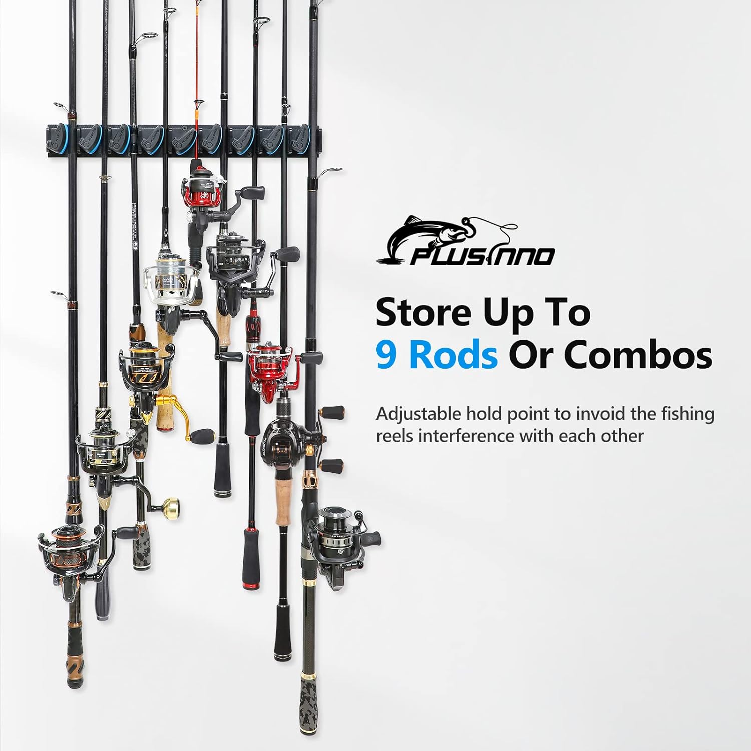 PLUSINNO Vertical Fishing Rod Holder - Wall Mounted Rack for Organized Fishing Gear | Black Finish