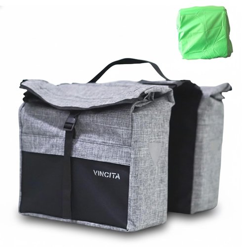 Vincita Double Bike Pannier Bag – 12L Top Load Rear Rack Saddlebags – Water-Resistant Commuter Carrier with Rain Cover, Rigid Back & Reflective Trim – Fits Road, Hybrid & E-Bikes (Black/Gray)