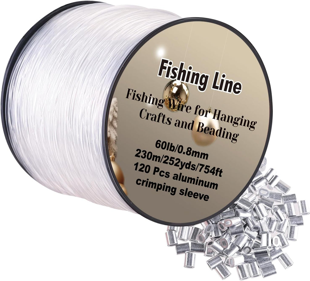 Skiennix Strong Clear Invisible Hanging Wire - 0.8mm 75 Lb, 754 FT Nylon Fishing Line with 120 Pcs Aluminum Crimping Sleeves for Crafts and Decorations