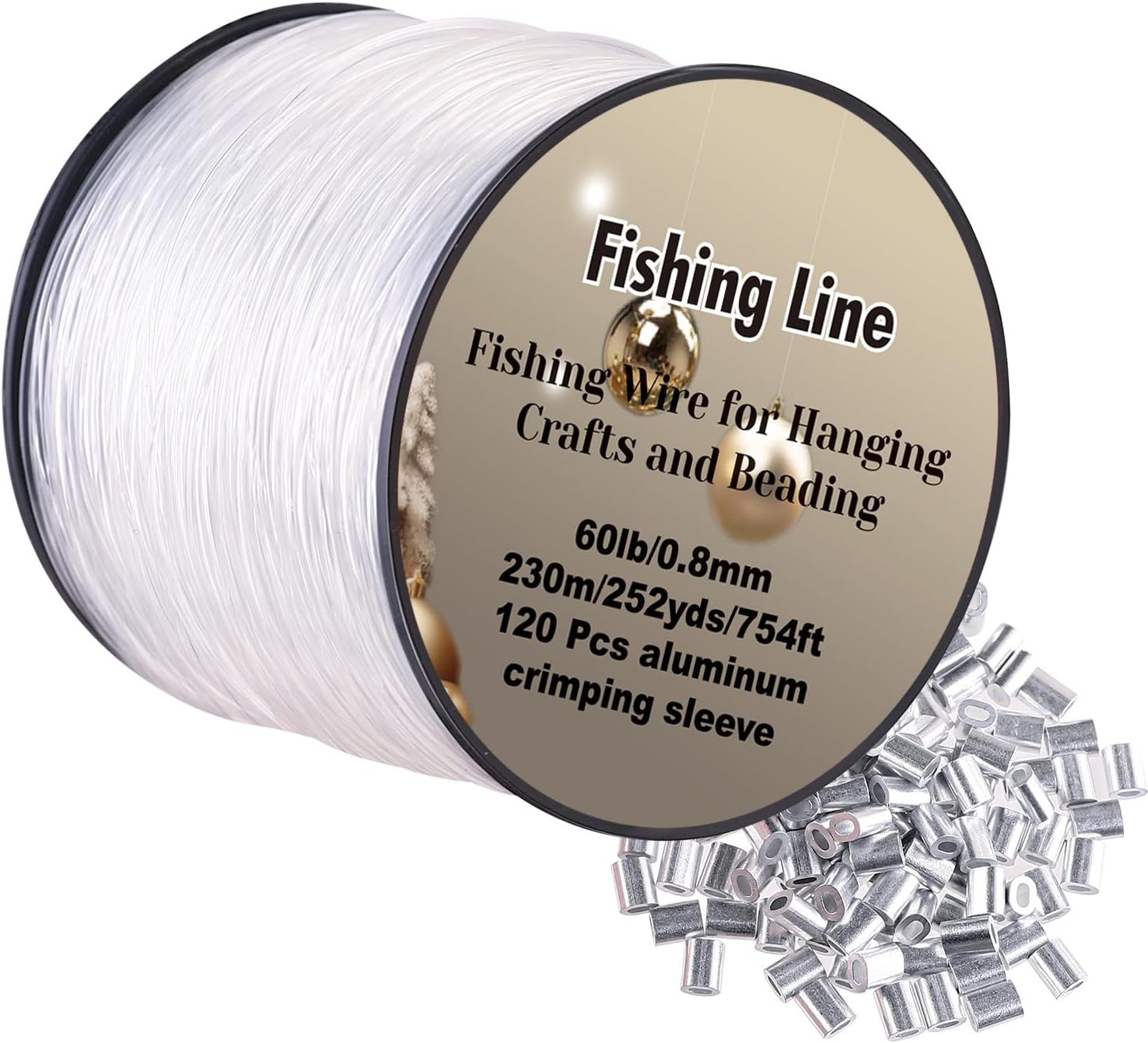 Skiennix Strong Clear Invisible Hanging Wire - 0.8mm 75 Lb, 754 FT Nylon Fishing Line with 120 Pcs Aluminum Crimping Sleeves for Crafts and Decorations