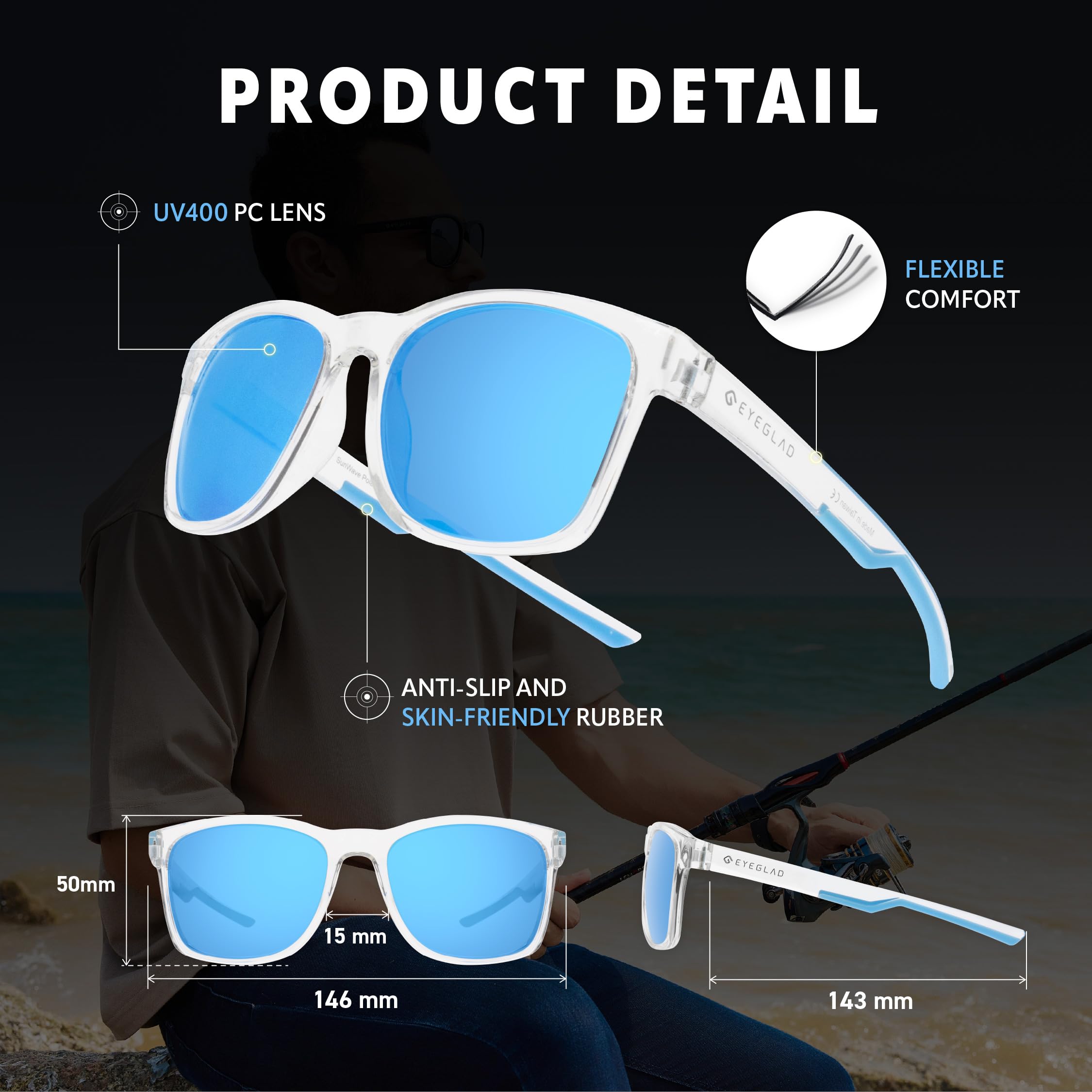 EYEGLAD SUNWAVE Ultra-lightweight Design Lifestyle Sunglasses Outdoor Fishing Polarized UV400 Men Women Running Sports (Wave Blue)