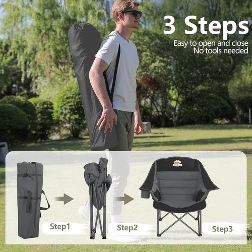 Colegence Oversized Camping Chairs - Set of 2 Heavy-Duty Padded Lawn Chairs | XL Foldable Design, Supports 450LBS - Black & Grey