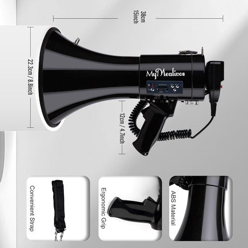 MyMealivos 50W Bluetooth Megaphone - Rechargeable Bullhorn with Siren & 240s Recording | 1600ft Range for Sports & Emergencies