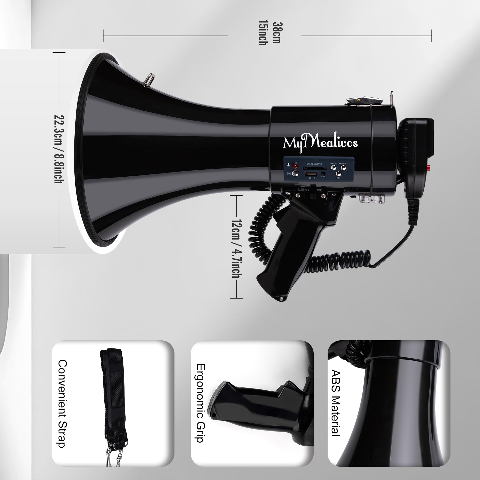 MyMealivos 50 Watt Megaphone Bullhorn Speaker with Siren, 240S Recording, Detachable Microphone & Strap（Grey-Battery）