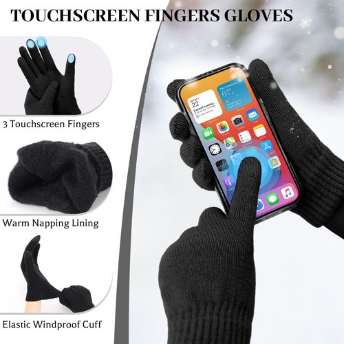 Ultrafun Womens Winter Beanie Hat Scarf Gloves Set, Satin Lined Slouchy Beanie Knit Scarf Touchscreen Gloves, Warm 3 Gift Set (Black)