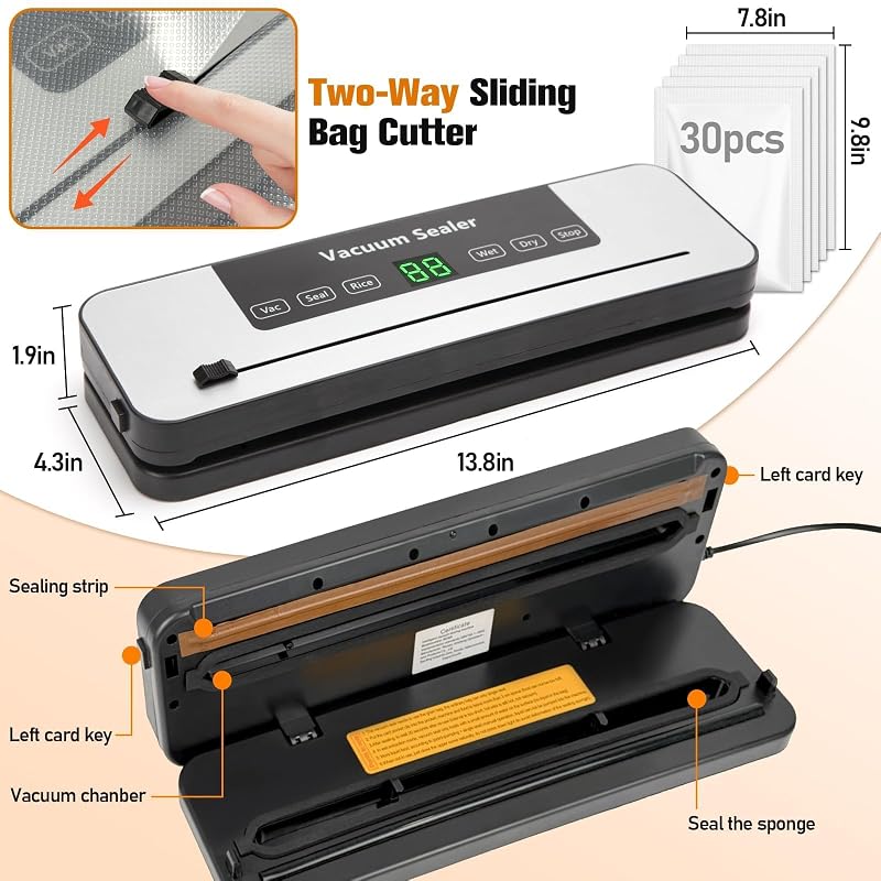 Myplinar Food Sealer Vacuum Sealer Machine with 30 Bags, Built-In Cutter 6-in-1