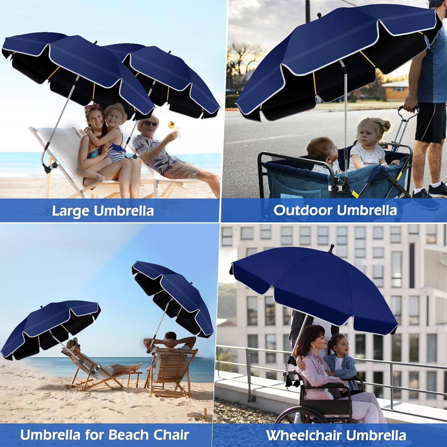Skiennix 48.8-Inch Large Beach Umbrella - 360° Adjustable UV Protection with Clamp for Chairs & Strollers