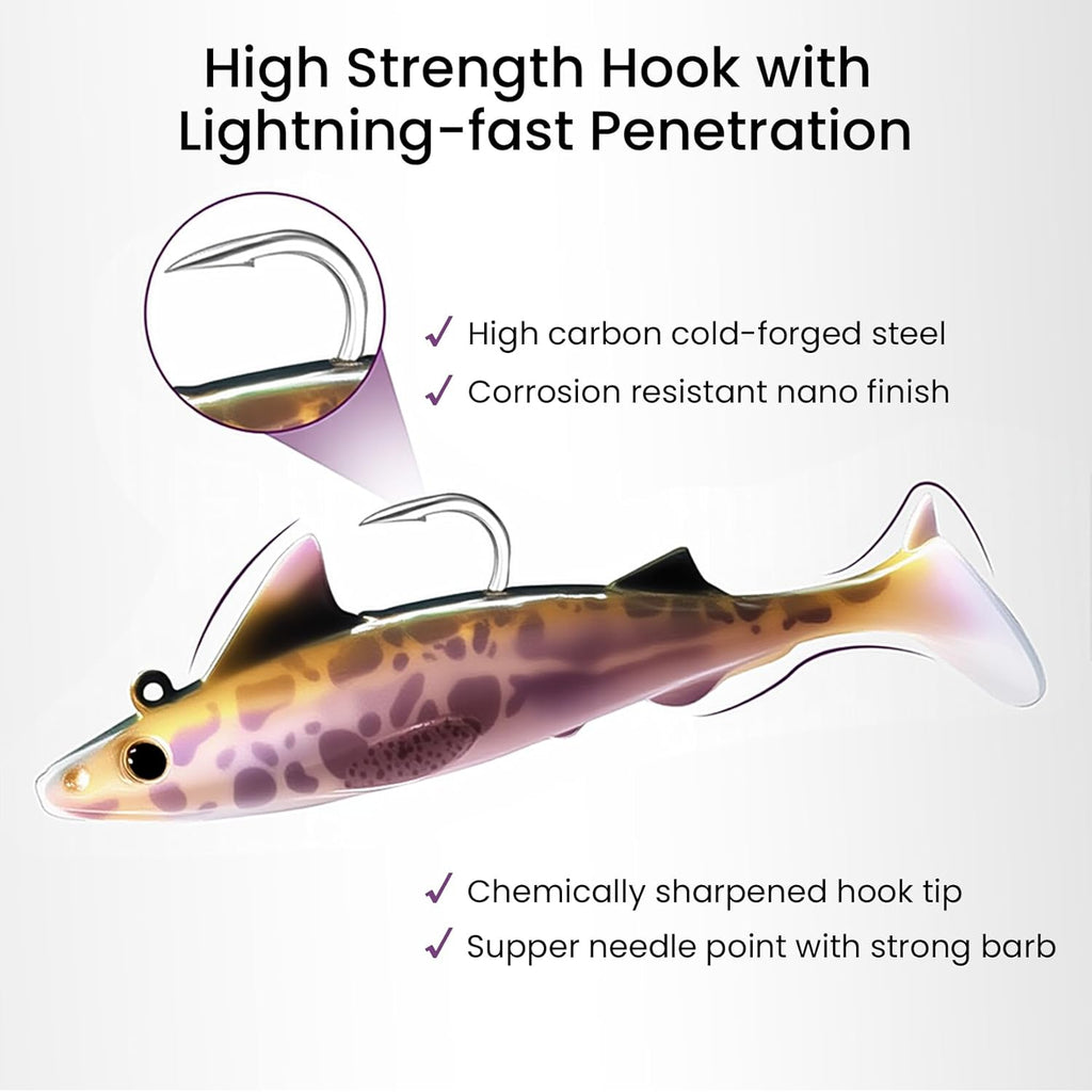 Pristis Fishing Lures - 6 Pcs Sharkita Jig Head Soft Baits | Durable Pre-Rigged Paddle Tail Set for Bass & Trout