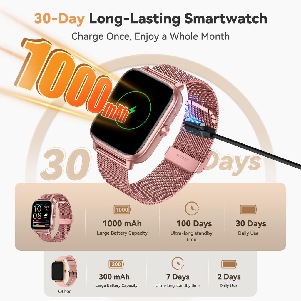 Skiennix Smart Watch | 1000mAh Battery, Call Function & Fitness Tracker | Pink, 3 Straps, iOS/Android Compatible