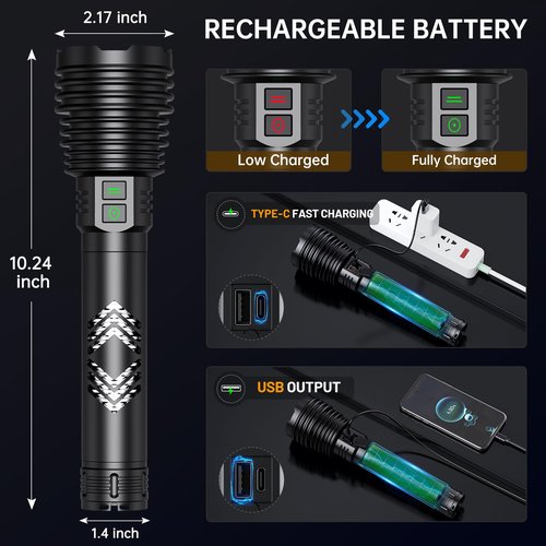 Rechargeable Flashlights 6000.000 High Lumens, Super Bright LED Flashlight with Long Handle, Large Capacity Battery, Zoomable & 6 Modes, Waterproof Handheld Flashlight for Camping Emergencies Home