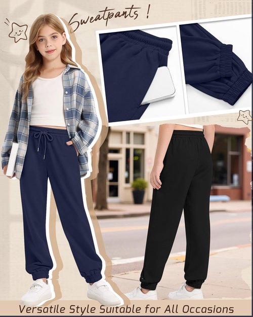 LessonZoo 3 Pack Girls Sweatpants Drawstring Wide Leg Baggy Sweat Pants High Waist Active Joggers for Kids with Pockets 5-14Y(Black, Light Heather Gray, Navy Blue,13-14 Years)