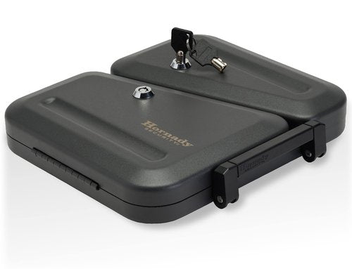 Hornady Dual-Lid Gun Lock Box - Two Compartment Portable Lock Box with Separate Lid and Lock - This Small Gun Safe Stores Handguns and Ammo Separately - Measures 11 x 10 x 2 Inches - Item 95229