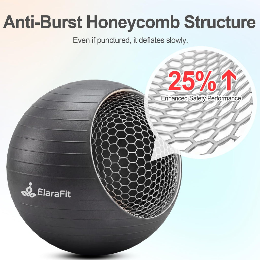 ElaraFit Anti Burst Large Exercise Ball for Yoga Non Slip Pilates Ball with Pump 550 lbs Capacity for Pregnancy, Fitness Size L 23 to 26 inches, About 58 to 65cm (Black)