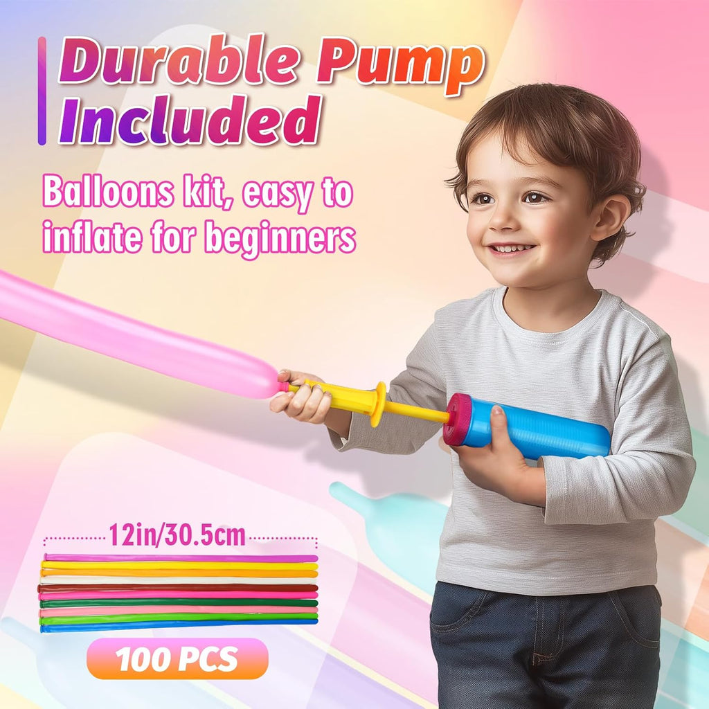 Skiennix 260Q Balloons Kit - 100 Premium Latex Twisting Balloons with Pump for Kids' Parties & Events