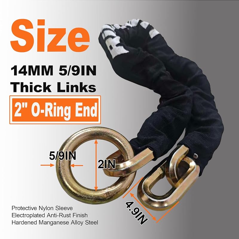 3FT Heavy Duty Security Chain 14mm, Manganese Alloy Steel with Nylon Sleeve for Motorcycle, E-Bike, Trailer & Gate