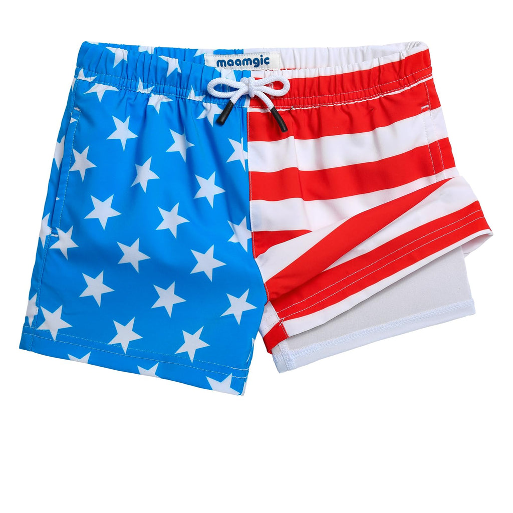 maamgic Boys Swim Trunks with Compression Liner Toddler Stretch Swim Shorts Quick Dry Swimming Trunks Boxer Brief 2 in 1 Beach Shorts American Flag 4T