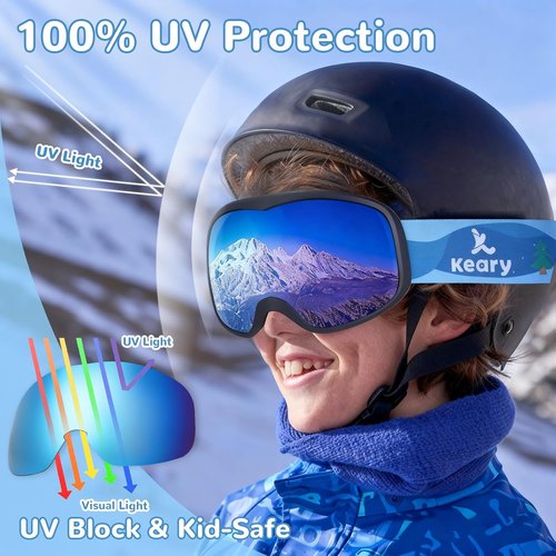 Keary Kids Ski Goggles - 100% UV Protection & Anti-Fog | Perfect for Ages 3-14