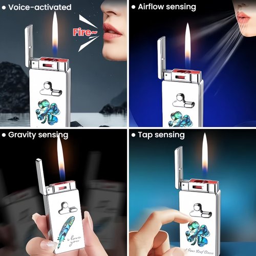 NINSI Smart Butane Torch Lighter, 5 Ignition Methods, Voice Controlled Dual Flame Lighter with Jet Blue Flame and Open Flame Options, Windproof Refillable Lighters (Without Gas) (Camel)