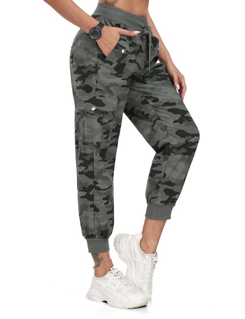 MoFiz Women Cargo Hiking Pants with Pocket Joggers Lightweight Quick Dry Elastic Waist Outdoor Athletic Running Sweatpants Casual Travel Pant Camouflage Green M