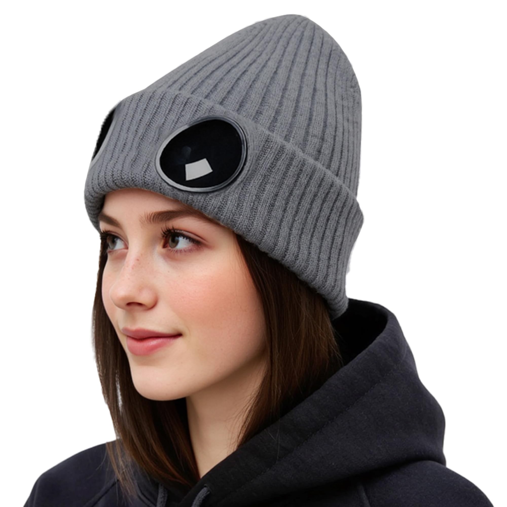 Vettres Unisex Winter Beanie with Fixed Goggles, Double-Layer Knit Hat with Soft Fleece Lining, Warm Windproof Skull Cap Dark Gray