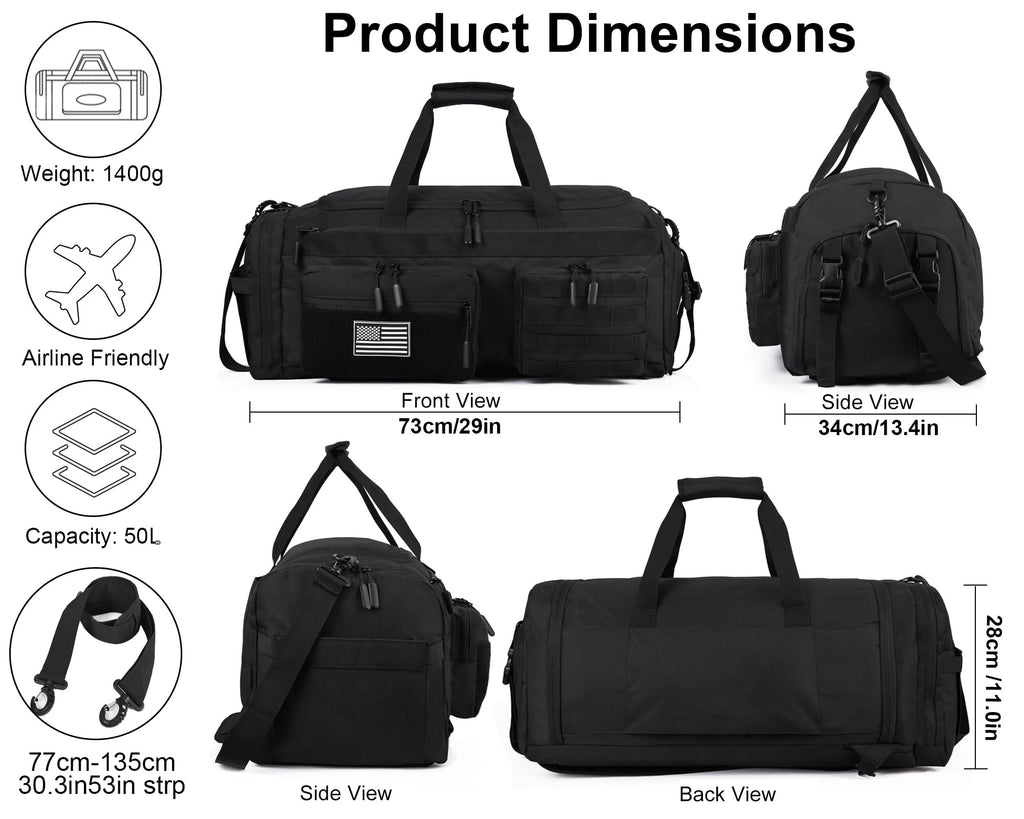 LHI 50L Tactical Duffle Bag for Men, 3-in-1 Gym Duffle and Backpack, Shoe Compartment, Laptop Sleeve and MOLLE, Carry-On Travel Weekender and Overnight Bag – Black