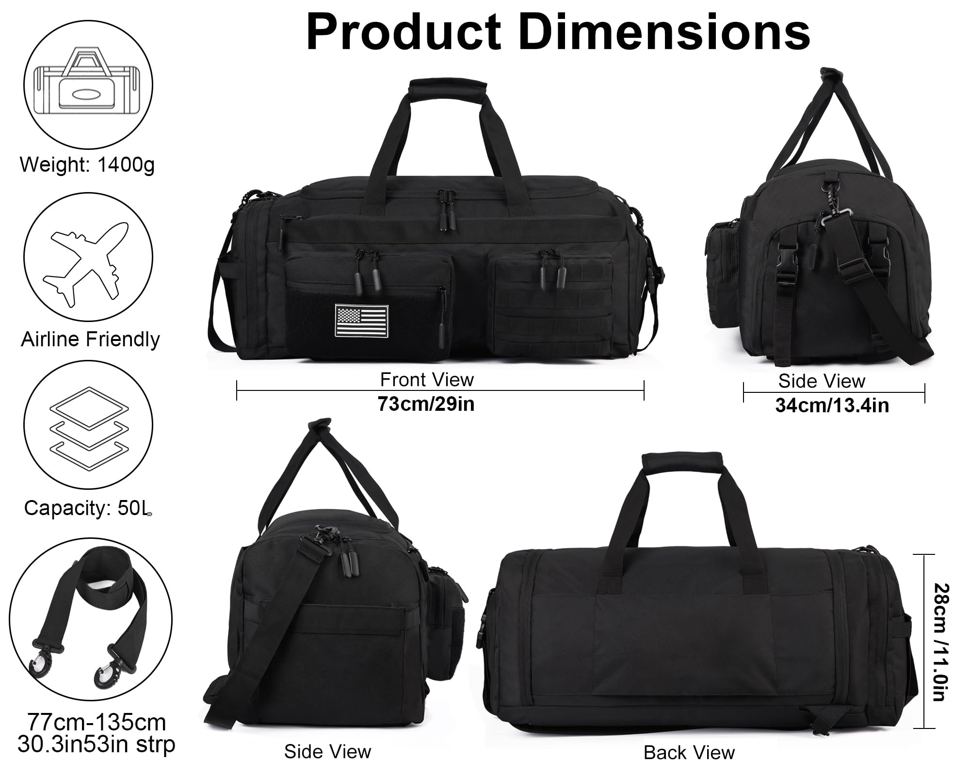 LHI 50L Tactical Duffle Bag for Men, 3-in-1 Gym Duffle and Backpack, Shoe Compartment, Laptop Sleeve and MOLLE, Carry-On Travel Weekender and Overnight Bag – Black