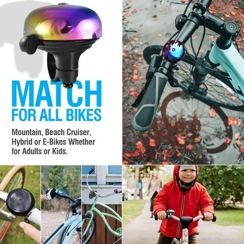 MARQUE Bike Bell for Adults & Kids – Nice, Loud, Crisp Ding Sound Bicycle Bell–Must Have Bicycle Accessories for Mountain MTB, Beach Cruiser, Commuter, Kids Bike–Easy Install on Handlebar (Oil Slick)