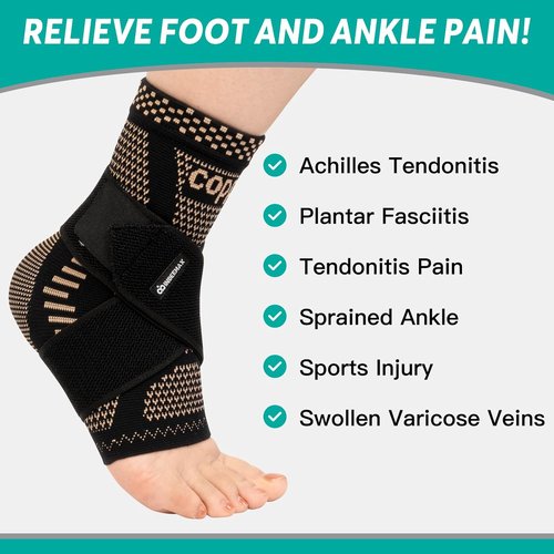 INDEEMAX Ankle Brace - Copper Infused Compression Sleeve for Sprains & Pain Relief | Black, Size M