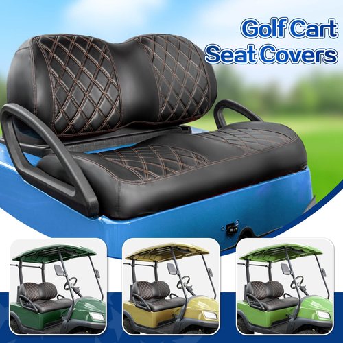 NOKINS Golf Cart P-P Diamond Leather seat Cover for it Club Car Precedent/Tempo/Onward Premium,No Stapler Required, Golf Cart Vinyl Replacement Seat Cover.Black&Brown Stitching