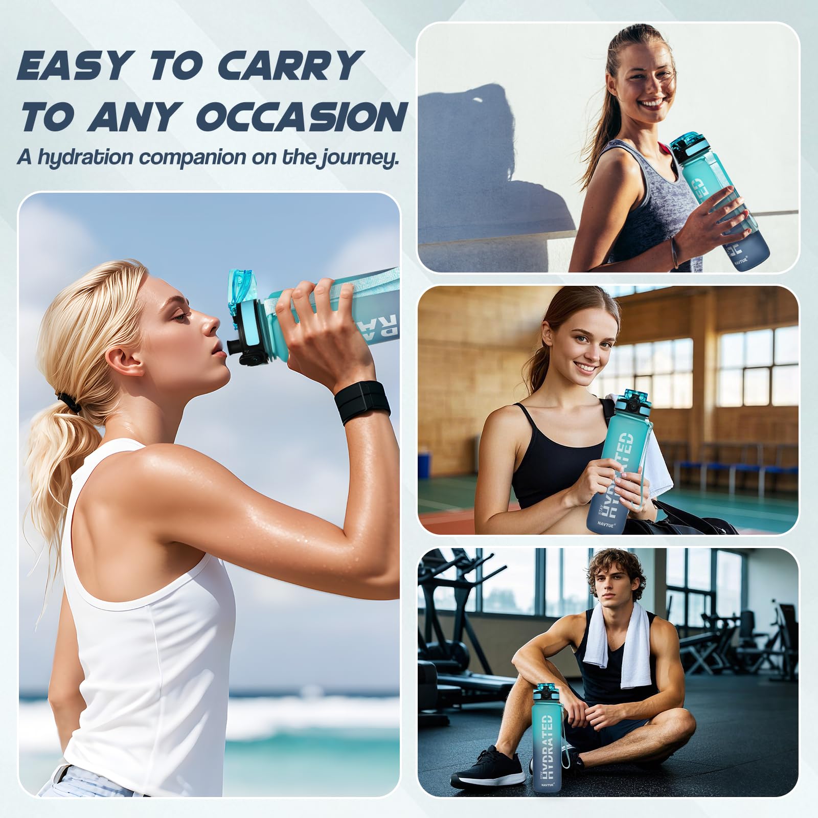 NAVTUE Water Bottle, 32oz Sports Water Bottles with Time Marker Wide Mouth, Motivational and Leakproof Drink Bottle, BPA Free Tritan with Carry Strap for Gym Fitness Outdoor(Direct Drink)